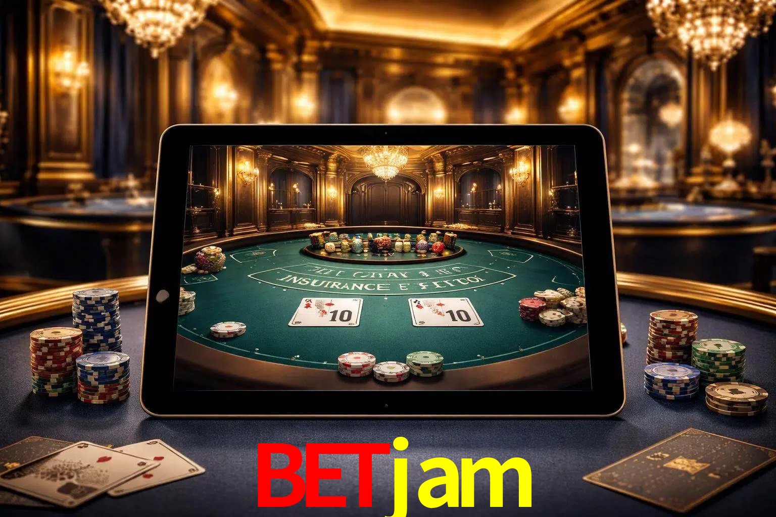 Configuración moderna de casino en vivo con una tableta mostrando una mesa de blackjack, luces cálidas de estudio y una atmósfera elegante de juegos digitales.