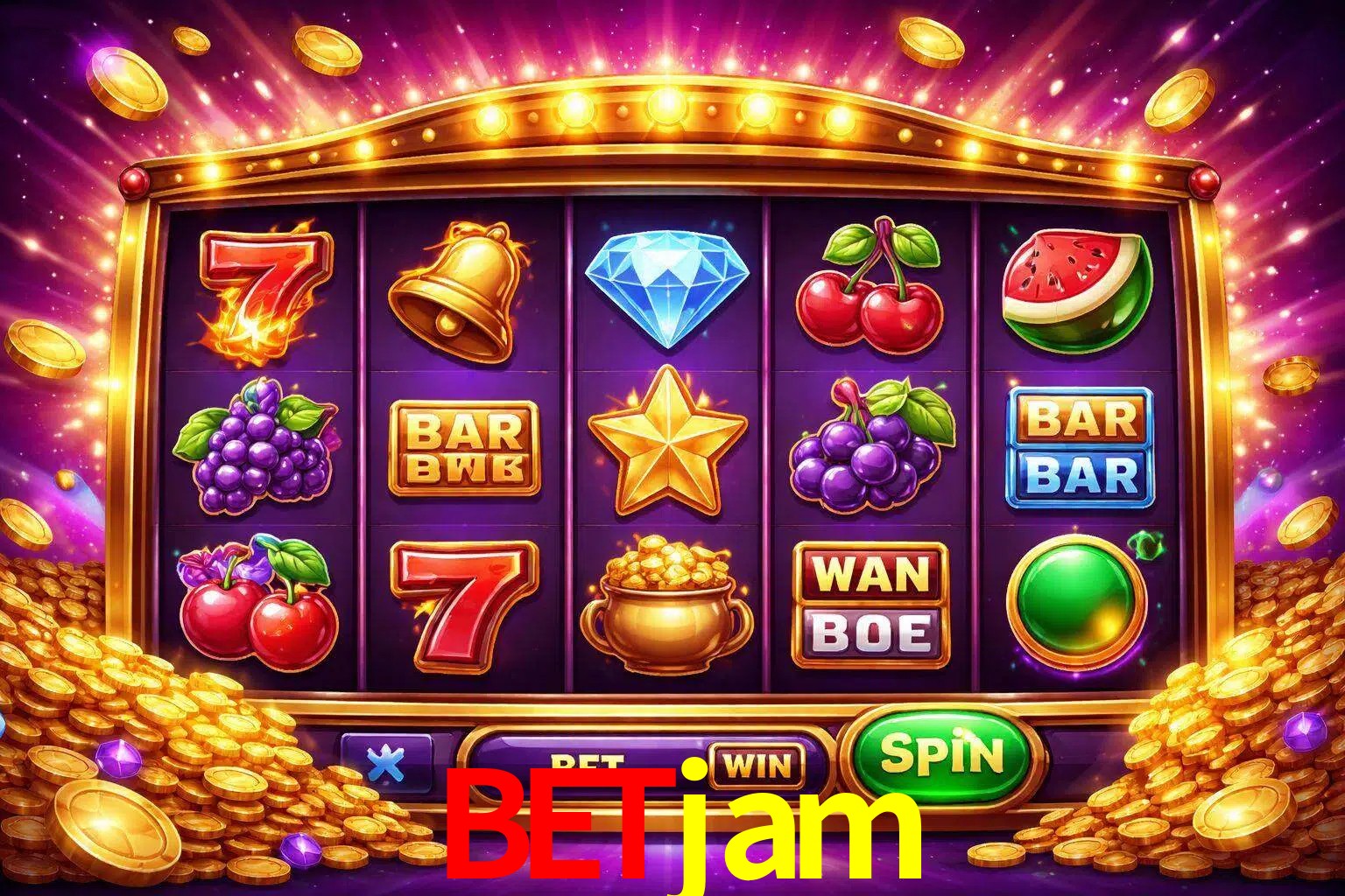 Una interfaz colorida de tragamonedas en línea con símbolos brillantes, monedas y un efecto de victoria celebratoria en betjam.