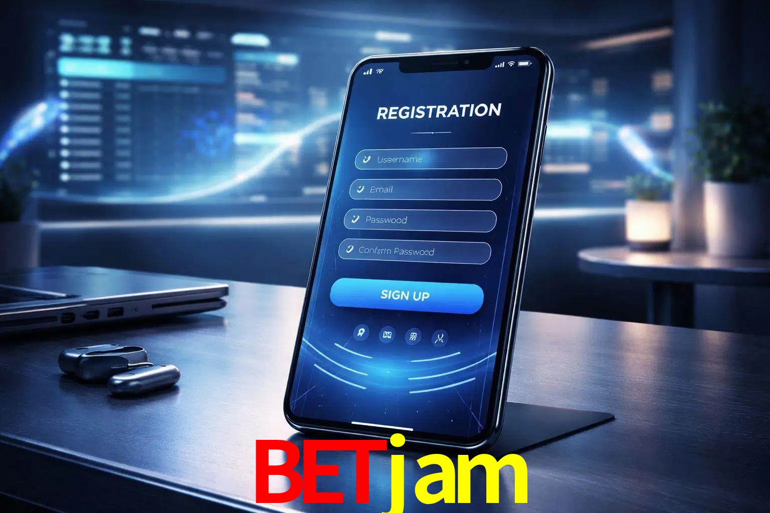 Una interfaz moderna de registro móvil para betjam mostrada en un smartphone con un panel de apuestas elegante.